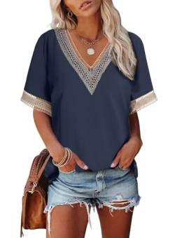 Dokotoo T Shirt Damen V Ausschnitt Sommer Kurzarm Oberteile Spitzen Aushöhlen Bluse Locker Casual Pullover Tshirt Oversize Tops B Blau 2XL von Dokotoo