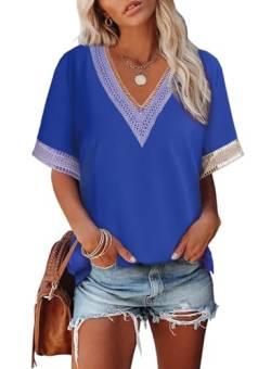 Dokotoo T Shirt Damen V Ausschnitt Sommer Kurzarm Oberteile Spitzen Aushöhlen Bluse Locker Casual Pullover Tshirt Oversize Tops Blau 2XL von Dokotoo