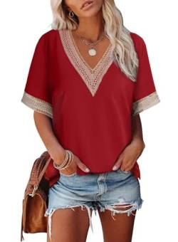 Dokotoo T Shirt Damen V Ausschnitt Sommer Kurzarm Oberteile Spitzen Aushöhlen Bluse Locker Casual Pullover Tshirt Oversize Tops Rot M von Dokotoo