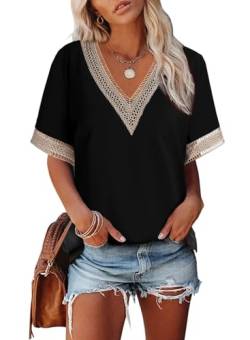 Dokotoo T Shirt Damen V Ausschnitt Sommer Kurzarm Oberteile Spitzen Aushöhlen Bluse Locker Casual Pullover Tshirt Oversize Tops Schwarz M von Dokotoo