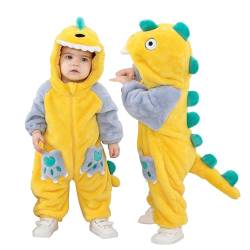 Doladola Baby Tier Onesies Spielanzug,Schlafanzug Flanell Frühling Strampler Pyjama Bekleidung Karikatur Tier Jumpsuit für Baby mädchen und Junge (Gelber Dinosaurier,Alter 12-18 Monate) von Doladola