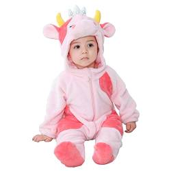 Doladola Babys mit Kapuze Onesies Flanell Frühling Strampler Pyjama Bekleidung Karikatur Tier Jumpsuit für mädchen und Junge(3-6 Monate,rosa Kuh) von Doladola