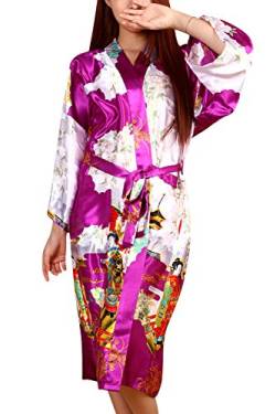 Dolamen Damen Morgenmantel Kimono, Glatte Satin Nachtwäsche Bademantel Robe mit Geisha und Blume Kimono Negligee Seidenrobe locker Schlafanzug, Langer Stil & 2017 (X-Large, Lila) von Dolamen