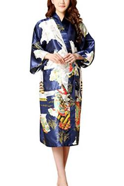 Dolamen Damen Morgenmantel Kimono, Glatte Satin Nachtwäsche Bademantel Robe mit Geisha und Blume Kimono Negligee Seidenrobe locker Schlafanzug, Langer Stil & 2017 (XXX-Large, Blau) von Dolamen