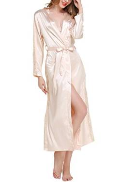 Dolamen Damen Morgenmantel Kimono Lange, Luxuriös Spitze Glatte Satin Nachtwäsche Bademantel Robe Kimono Negligee Seidenrobe locker Schlafanzug, Büste 108cm, 45.52 Zoll (Gold) von Dolamen