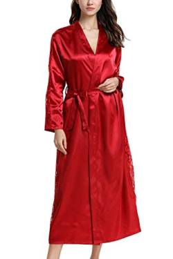 Dolamen Damen Morgenmantel Kimono Lange, Luxuriös Spitze Glatte Satin Nachtwäsche Bademantel Robe Kimono Negligee Seidenrobe locker Schlafanzug, Büste 108cm, 45.52 Zoll (Rot) von Dolamen