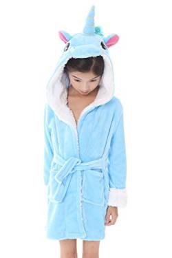 Dolamen Kinder Jungen Mädchen Morgenmantel Bademäntel Kapuzenpullover Korallenvlies Kigurumi Karikatur Nachtwäsche Nachthemd Schlafanzug (120 fit für Höhe 110-120cm (43"-47"), Blau Einhorn) von Dolamen