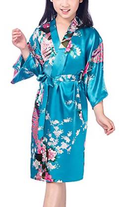 Dolamen Kinder Mädchen Morgenmantel Kimono Satin Nachtwäsche Bademantel Robe Peacock Blume Negligee Schlafanzug Schwimmen Hochzeit Geburtstag (Größe 14(Höhe 145-160cm (57"-63")), Blauer See) von Dolamen