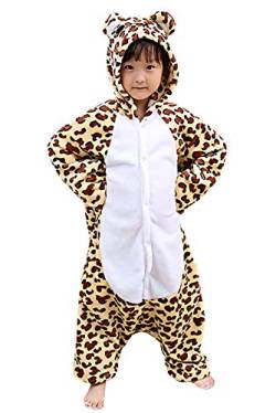 Dolamen Kinder Unisex Jumpsuits Kostüm Tier Onesie Nachthemd Schlafanzug Kapuzenpullover Nachtwäsche Cosplay Kigurum Fastnachtskostuem Weihnachten Halloween (Höhe 130-140CM (51"-55"), Leopard) von Dolamen