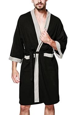 Dolamen Unisex Damen Herren Morgenmantel Bademäntel, Weich u. Leicht Baumwolle Waffelpique Nachtwäsche Nachthemd Robe Negligee locker Schlafanzug, für Spa Hotel Sauna (X-Large/EU L, Schwarz) von Dolamen