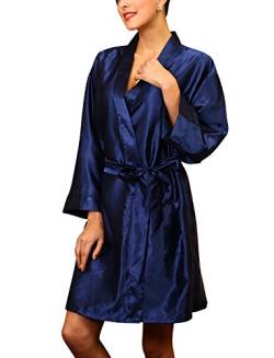 Dolamen Unisex Damen Herren Morgenmantel Kimono, Satin Nachtwäsche Bademantel Robe Kimono Negligee Seidenrobe locker Schlafanzug, Büste 132cm, 51,97 Zoll, große Größe für alle (Dunkelblau) von Dolamen