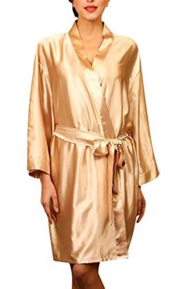 Dolamen Unisex Damen Herren Morgenmantel Kimono, Satin Nachtwäsche Bademantel Robe Kimono Negligee Seidenrobe locker Schlafanzug, Büste 132cm, 51,97 Zoll, große Größe für alle (Gold) von Dolamen