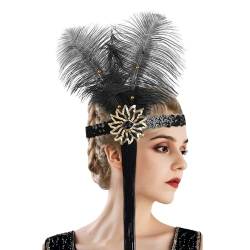 1920er Jahre Haarschmuck Flapper Stirnband Vintage Feder Paillette Haarband ​20er Jahre Kopfschmuck Kleid Accessoires für Frauen Mädchen Karneval Kostüm Halloween Party (Black, One Size) von DolceTiger
