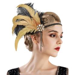 1920er Jahre Vintage Haarschmuck Strass Feder Stirnband Vintage Haarband ​20er Jahre Kopfschmuck Kleid Accessoires für Frauen Mädchen Karneval Kostüm (Gold, One Size) von DolceTiger