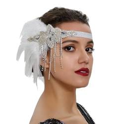20er Jahre Haarschmuck Karneval Kostüm Damen Feder Stirnband Damen-Kopfbedeckung, Feder-Kopfbedeckung für Damen Party Tanz Nachmittagstee Hochzeit Kopfbedeckung (White, One Size) von DolceTiger
