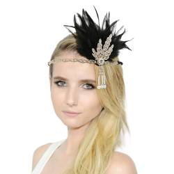 20er Jahre Haarschmuck Stirnband mit Feder Strass Perlen Karneval Kostüm Damen Stirnband Damen-Kopfbedeckung für Damen Halloween Party Tanz Nachmittagstee Hochzeit Kopfbedeckung (Black, One Size) von DolceTiger