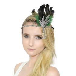 20er Jahre Haarschmuck Stirnband mit Feder Strass Perlen Karneval Kostüm Damen Stirnband Damen-Kopfbedeckung für Damen Halloween Party Tanz Nachmittagstee Hochzeit Kopfbedeckung (Green, One Size) von DolceTiger