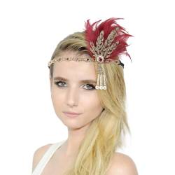 20er Jahre Haarschmuck Stirnband mit Feder Strass Perlen Karneval Kostüm Damen Stirnband Damen-Kopfbedeckung für Damen Halloween Party Tanz Nachmittagstee Hochzeit Kopfbedeckung (Red, One Size) von DolceTiger