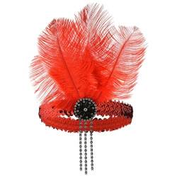 20er Jahre Vintage Haarschmuck Stirnband mit Feder Strass Karneval Kostüm Damen 20er Jahre Accessoires Damen-Kopfbedeckung für Damen Halloween Karneval (Red, One Size) von DolceTiger