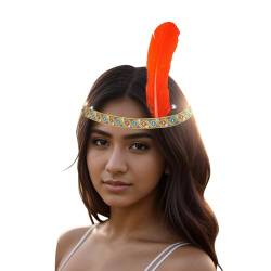 Feder Haarschmuck Stirnband Indische mit Federn, Kopfschmuck Damen elastisches Federn Haarband Cowboy Western Karneval Halloween FaschingMottoparty (Orange, One Size) von DolceTiger