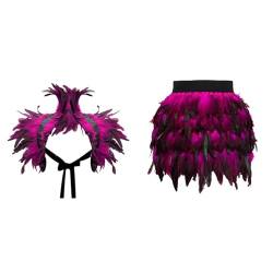 Gothic Federrock + Federschal 2-teiliges Set Pfau Kostüm Damen Pfauenfedern Outfits Karneval Kostüm Damen Bühnenkostüme Ballkleid Damen Rock Minirock für Cosplay-Party Karneval (Z-Hot Pink, M) von DolceTiger