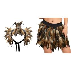 Gothic Federrock + Federschal 2-teiliges Set Pfau Kostüm Damen Pfauenfedern Outfits Karneval Kostüm Damen Bühnenkostüme Ballkleid Damen Rock Minirock für Cosplay-Party Karneval Leistung (Z-Khaki, L) von DolceTiger