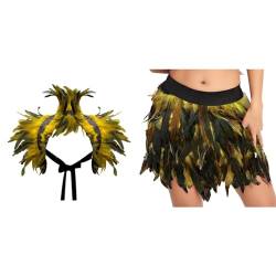 Gothic Federrock + Federschal 2-teiliges Set Pfau Kostüm Damen Pfauenfedern Outfits Karneval Kostüm Damen Bühnenkostüme Ballkleid Damen Rock Minirock für Cosplay-Party Karneval Leistung (Z-Yellow, S) von DolceTiger