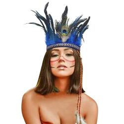 IndianerKopfschmuck Indische Feder Stirnband Federn Kopfschmuck Karneval Fascinator Kopfschmuck Festival Kostüm Haarschmuck für Damen Herren (Blue, One Size) von DolceTiger