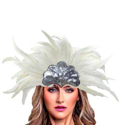 IndianerStirnband mit Feder Paillette Lange Feder Stirnband Federschmuck Haarband Haarschmuck Feder Stirnband 20er Jahre Kopfschmuck für Damen Karneval Kostüm (White, One Size) von DolceTiger