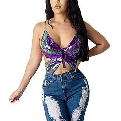 Karneval Kostüm Damen Pailletten Schmetterling Crop Tops Glitzernde Rückenfrei Oberteil Tank Top Bauchtanz Kostüm Glitzer Bauchtanz BH Pailletten Kostüme Musik Festival (Purple Multicolor, One Size) von DolceTiger