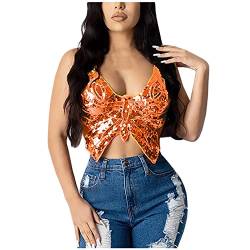 Karneval Kostüm Damen Pailletten Schmetterling Crop Tops Glitzernde Rückenfrei Oberteil Tank Top Bauchtanz Kostüm Glitzer Bauchtanz BH Pailletten Kostüme Musik Festival Oberteil (Orange, One Size) von DolceTiger