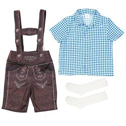 Kinder Trachtenhemd Lederhose und Socken 3-teiliges Set Trachtenset Kurz Trachtenlederhose mit Träger Kariert Kurzarm Hemd Jungen Stickerei Lederhose Baby Oktoberfest Kostüm (Blue, 10-12 Years) von DolceTiger