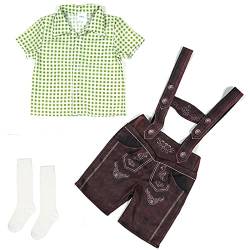 Kinder Trachtenhemd Lederhose und Socken 3-teiliges Set Trachtenset Kurz Trachtenlederhose mit Träger Kariert Kurzarm Hemd Jungen Stickerei Lederhose Baby Oktoberfest Kostüm (Green, 8-10 Years) von DolceTiger