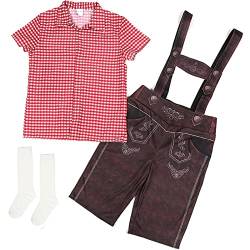 Kinder Trachtenhemd Lederhose und Socken 3-teiliges Set Trachtenset Kurz Trachtenlederhose mit Träger Kariert Kurzarm Hemd Jungen Stickerei Lederhose Baby Oktoberfest Kostüm (Red, 10-12 Years) von DolceTiger