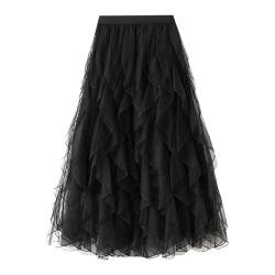 Lang Tüllrock Damen Faltenrock Elastische Taille Midirock Pailettenrock für Damen Overlay Layered Farbverlauf Tüll Rock A-Linie Midi Röcke Plissee Kleid (B-Black, One Size) von DolceTiger