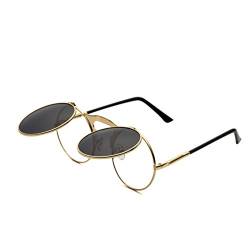 Dollger Runde Steampunk Sonnenbrille Flip up Linse Retro Metall Rahmen Sonnenbrille für Damen Herren Gold Rahmen/Schwarz Linse von Dollger