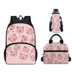 Dloyues 3-teiliges Schulranzen Kinderrucksack-Set inkl. Schultasche Lunchtasche Wasserflasche Taschen, Rosa, Schwein, Casual von Dolyues