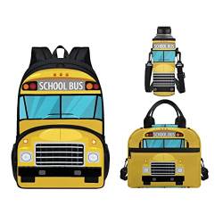 Dloyues 3-teiliges Schulranzen Kinderrucksack-Set inkl. Schultasche Lunchtasche Wasserflasche Taschen, gelber Schulbus, Casual von Dolyues