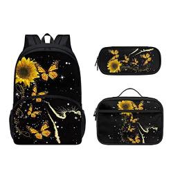 Dolyues 3er-Pack Kinderrucksack-Set für Mädchen und Jungen, Schulbedarf für die Grundschule, Sonnenblume Schmetterling Katze, Kinderrucksack von Dolyues