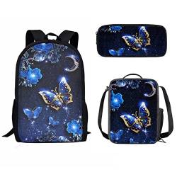 Dolyues Bookbags Set Crystal Butterfly Blue Flower Travel Backpack Backpack for Kids Girls and Youth, Bagpack with Crossbody Tote Lunch Bag Pencil Pouch Portable Bookbag Purse for School von Dolyues