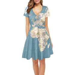 Dolyues Damen Kurzarm V-Ausschnitt Kleid Maxikleider Strand Party Swing Sommerkleid, S-4XL, Blaue Weltkarte, Small von Dolyues