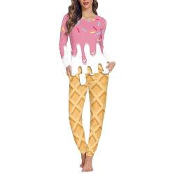 Dolyues Damen Pyjama-Sets, dünne Oberteile und Hosen, 2-teiliger Schlafanzug für Frauen, Teenager, Mädchen, lange Nachtwäsche, Eiswaffel, 36 von Dolyues
