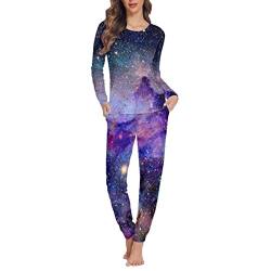 Dolyues Damen-Pyjama-Sets mit Tasche, weich, bequem, langärmelig, zweiteilig, Nachtwäsche, Galaxy, 36 von Dolyues