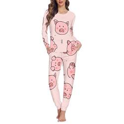 Dolyues Damen-Pyjama-Sets mit Tasche, weich, bequem, langärmelig, zweiteilig, Nachtwäsche, Rosa, Schwein, 36 von Dolyues