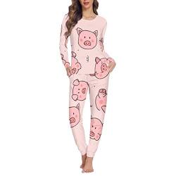 Dolyues Damen-Pyjama-Sets mit Tasche, weich, bequem, langärmelig, zweiteilig, Nachtwäsche, Rosa, Schwein, 38 von Dolyues