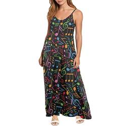 Dolyues Damen Sommer V Ausschnitt Spaghetti Träger Kleid Casual Lange Maxikleider Strand Party Sommerkleid, Bunte Musiknoten, XX-Large von Dolyues