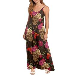 Dolyues Damen-Strandkleid mit Reißverschluss, langes Maxikleid, Spaghettiträger, Sommerkleid, Totenkopf Blume, XXXXL von Dolyues