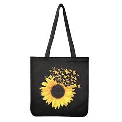 Dolyues Frauen Leinwand Tote Taschen mit Tasche Große Kapazität Wiederverwendbare Einkaufstaschen, Sonnenblumen-Schmetterling, Large von Dolyues