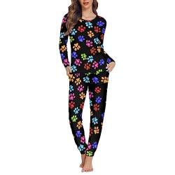 Dolyues Langer Damen-Schlafanzug mit Tasche, zweiteilig, normale Pyjama-Sets für Damen, Teenager, Mädchen, XS-6XL, Bunte Pfoten., 52 von Dolyues