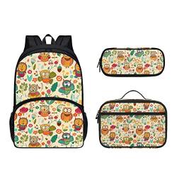 Dolyues Lunchtasche mit Schultasche und Federmäppchen, niedlicher Rucksack für Kinder, Schulanfang, Cartoon Eule, Kinderrucksack von Dolyues